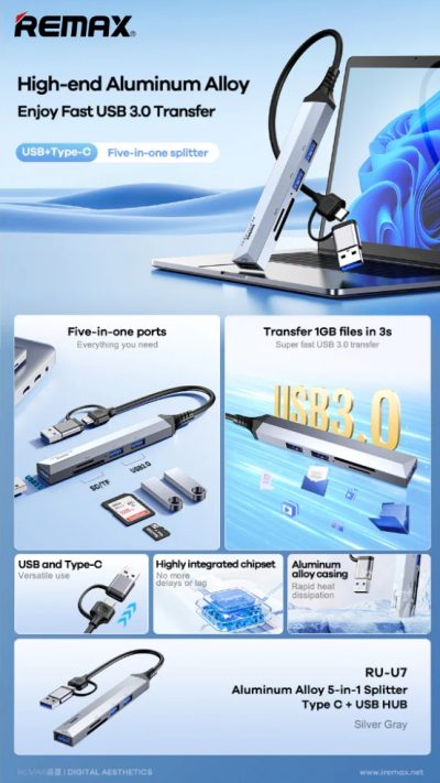 Remax_RU-U7_Aluminum_Alloy_Series_5-in-1_Type-CUSB_Hub_Gray_2 Remax RU-U7 hub